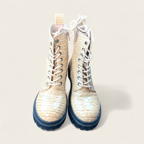 Urban Outfitters Beige Croc-Embossed Lace-Up Combat Boots With Chunky Black Sole - Picture 1 of 7